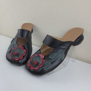 Wmns Rushiman Flower Black Handmade Leather Sandals Japan/Korea Sz 245 US 7.5 -8